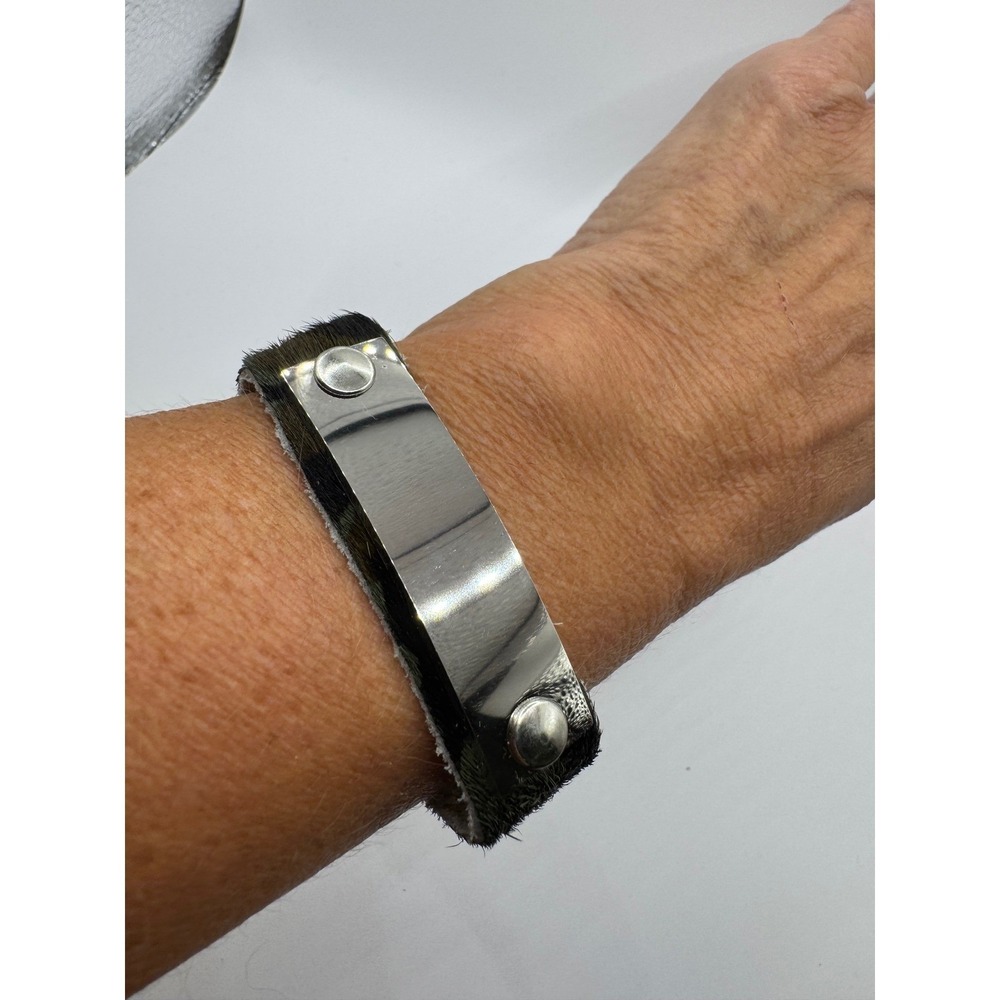 Plunder Camo Calf Skin Bracelet Silver Tone Metal Bar Adjustable Snap Closure